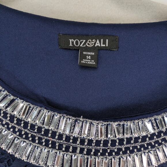 Roz & Ali Navy Cut-Out Lace Overlay Shift Dress Sz 14 Woman Rhinestone Neckline - Picture 3 of 10